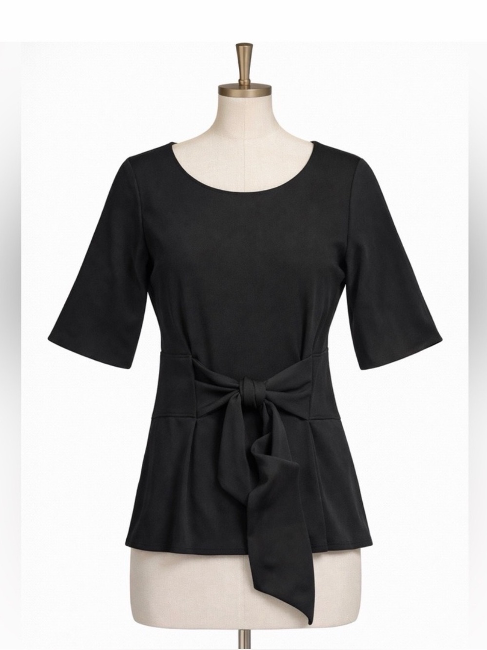 Ann Taylor XS Black Tie Waist Blouse Short Sleeve Bow Detail Workwear
